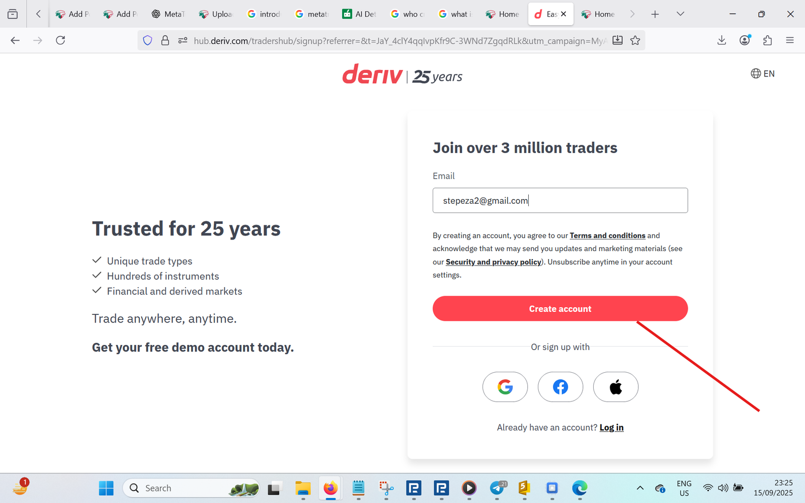 Deriv create account — enter email on desktop or laptop